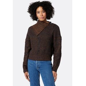 Joie Sweater Top Wool Tan Navy Blue Fold Over Neck Large L Jemel